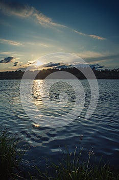 Beautiful view of Ukrainian Desna river, calm waters, dramatic skies