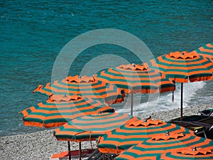 Beautiful view of the umbrellas on a beach with the Mediterranean Sea