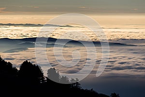 Beautiful view of Umbria valley Italy covered by a sea of fog at sunset, with beautiful warm colors and trees