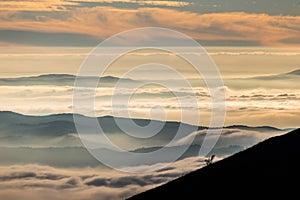 Beautiful view of Umbria valley Italy covered by a sea of fog at sunset, with beautiful warm colors and trees