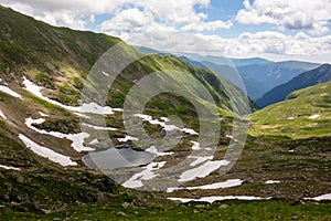 Beautiful view of a valley with a lake in Fagaras Mountains on a sunny summer day