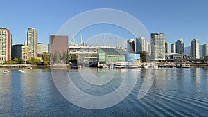 Beautiful view of the Vancouver skyline across the water from the Olympic Village