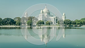 A beautiful view of Victoria Memorial with reflection on water, Kolkata, Calcutta, West Bengal, India