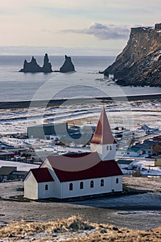 Beautiful view of Vikurkirkja church in the town of VÃ­k Ã­ MÃ½rdal (South Iceland)