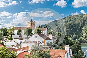 Beautiful view of the village of Dornes with its houses and old pentagonal Templar tower of the castle,Ferreira do ZÃªzere PORTUGA