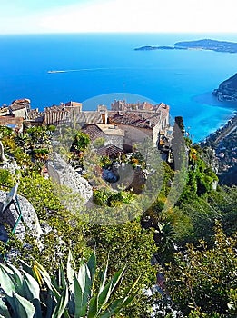 Beautiful view of the village of Eze, a botanical garden with cacti, aloe. Mediterranean, French Riviera, Cote d`Azur, France