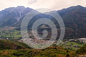 A beautiful view on village in valley between mountains