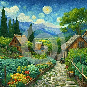 Beautiful view of a village with vegetables farm, house, tree, mountain, oil painting art, fantasy design