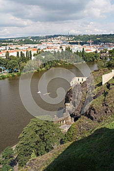 Beautiful view of Vysehrad on the river Vltava and city of Prague