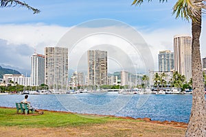 Beautiful view of Waikiki beach view on Honolulu, Hawaii from the ocean