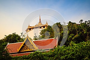 Beautiful view of Wat Saket Ratcha Wora Maha Wihan (Wat Phu Khao Thong, Golden Mount temple), a popular Bangkok tourist