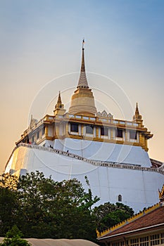 Beautiful view of Wat Saket Ratcha Wora Maha Wihan (Wat Phu Khao Thong, Golden Mount temple), a popular Bangkok tourist
