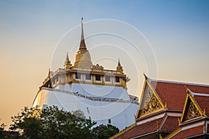 Beautiful view of Wat Saket Ratcha Wora Maha Wihan (Wat Phu Khao Thong, Golden Mount temple), a popular Bangkok tourist