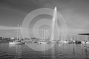 Beautiful view of the water jet fountain in the lake of Geneva