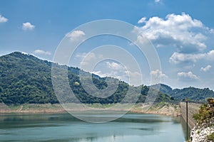 Beautiful view water in lake and high mountain with blue cloudy sky and ridge wall behind khun dan prakan chon dam in nakhon nayok