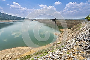 Beautiful view water in lake and high mountain with blue cloudy sky and ridge wall behind khun dan prakan chon dam in nakhon nayok