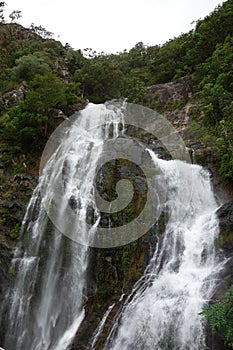 Beautiful view of a waterfall flowing down the rocks in the forest.