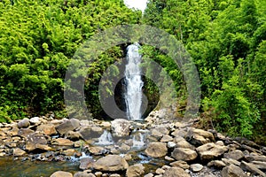 Beautiful view of a waterfall located along famous Road to Hana on Maui island, Hawaii