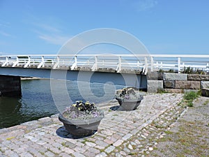 Beautiful view of white bridge across Baltic sea, Sveaborg, Finland