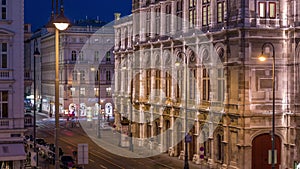 Beautiful view of Wiener Staatsoper aerial day to night timelapse in Vienna, Austria