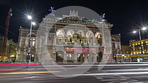 Beautiful view of Wiener Staatsoper night timelapse hyperlapsecin Vienna, Austria