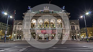 Beautiful view of Wiener Staatsoper night timelapse hyperlapsecin Vienna, Austria photo