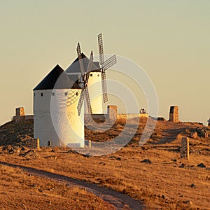 Beautiful view of windmills on a hill in Herencia, Ciudad Real, Spain photo