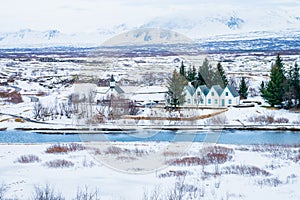 Beautiful View and winter Landscape picture in Thingvellir National park, Iceland