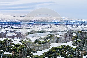 Beautiful View and winter Landscape picture in Thingvellir National park, Iceland in the winter, covered by snow.