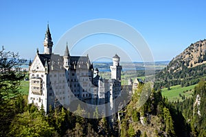 Beautiful view of world-famous Neuschwanstein Castle, the 19th century Romanesque Revival palace built for King Ludwig