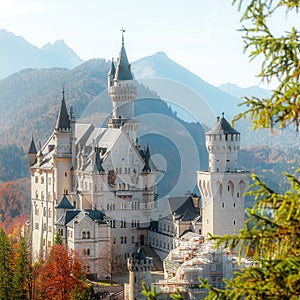 Beautiful view of world-famous Neuschwanstein Castle with Alpine mountains on Background, under sunlit. Wonderful sunny landscape