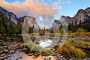 Beautiful view of yosemite national park at sunset in California photo