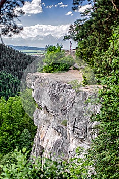 Hiker on the rock in Tomasovsky vyhlad in Slovak paradise