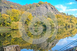 Beautiful views of the autumn river Berounka, forest and mountains, Czech.