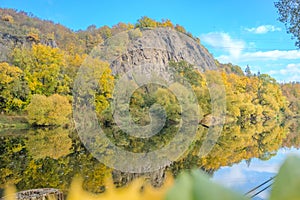 Beautiful views of the autumn river Berounka, forest and mountains, Czech.