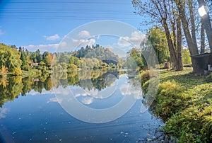 Beautiful views of the autumn river Berounka, forest and mountains, Czech.