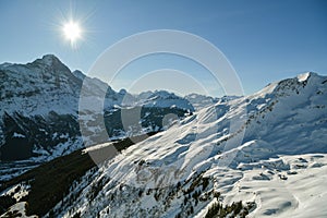 Beautiful views on Bernese Alps as seen from top of First above Grindelwald