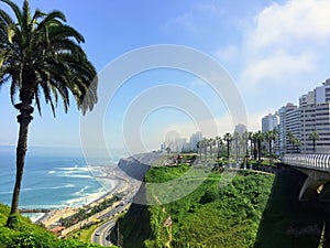 The beautiful views of Lima, Peru, looking out on the Pacific Ocean from the Miraflores Boardwalk.