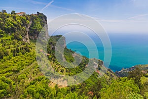 Beautiful views from path of the gods with lemon tree fields, Amalfi coast, Campagnia region, Italy