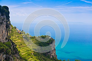 Beautiful views from path of the gods with lemon tree fields, Amalfi coast, Campagnia region, Italy