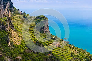 Beautiful views from path of the gods with lemon tree fields, Amalfi coast, Campagnia region, Italy