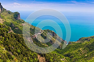 Beautiful views from path of the gods with lemon tree fields, Amalfi coast, Campagnia region, Italy