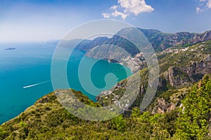 Beautiful views on Positano town from path of the gods, Amalfi coast, Campagnia region, Italy