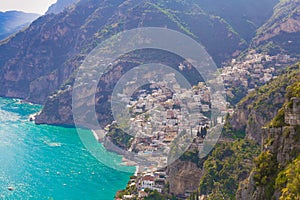 Beautiful views on Positano town from path of the gods, Amalfi coast, Campagnia region, Italy