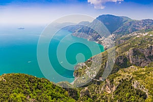 Beautiful views on Positano town from path of the gods, Amalfi coast, Campagnia region, Italy