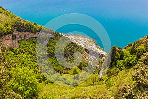 Beautiful views on Praiano town from path of the gods, Amalfi coast, Campagnia region, Italy