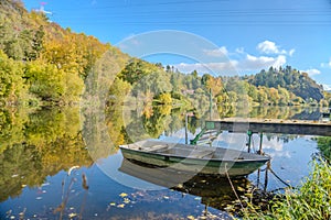 Beautiful views of the river Berounka a Wooden boats in the autumn season