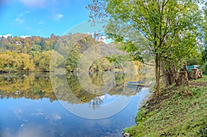 Beautiful views of the river Berounka a Wooden boats in the autumn season