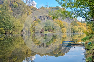 Beautiful views of the river Berounka a Wooden boats in the autumn season