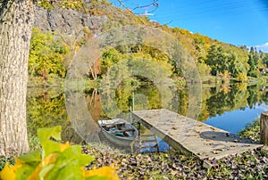 Beautiful views of the river Berounka a Wooden boats in the autumn season